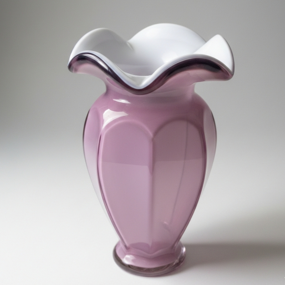 Vintage 1950s Amethyst Cased Glass Ruffled Vase Scalloped Ribbed Art Glass Retro - Picture 2 of 7
